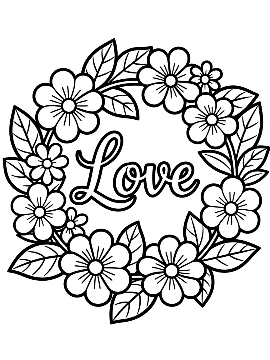 A floral wreath with “Love” in the center