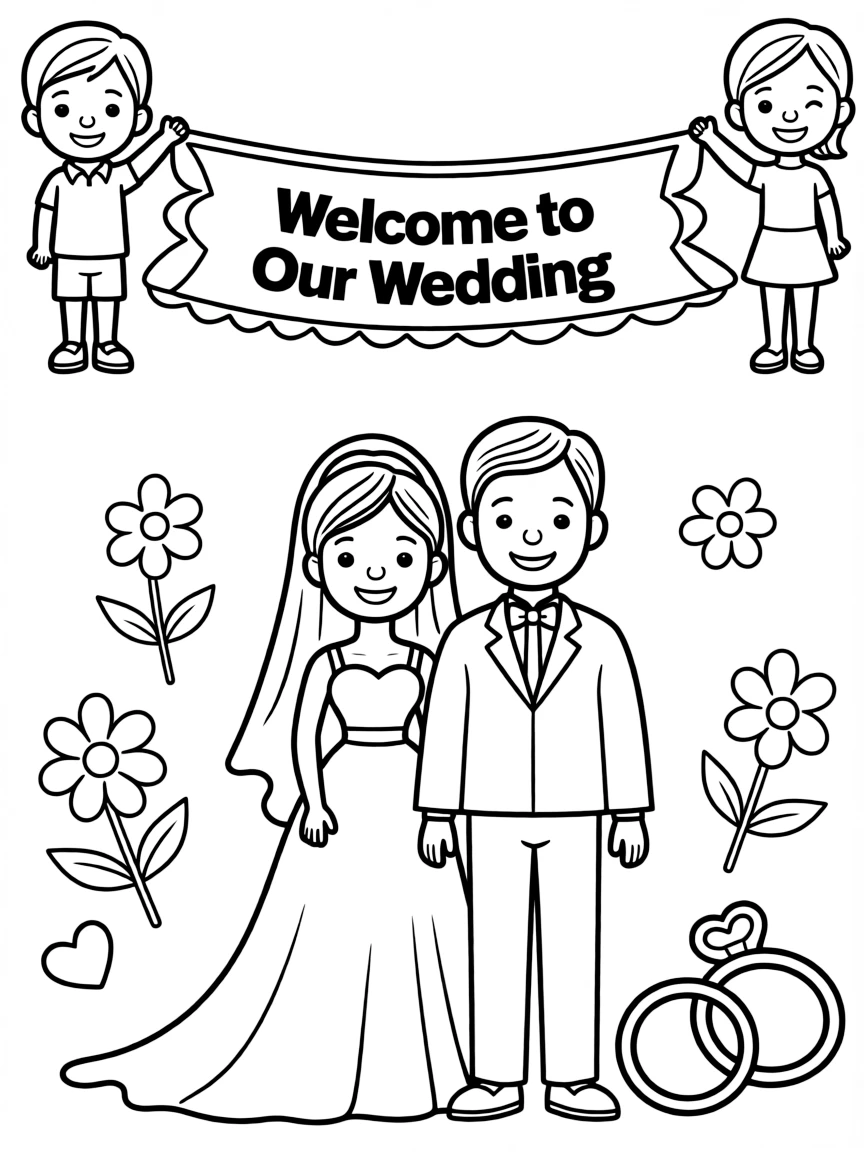 A wedding-themed coloring banner