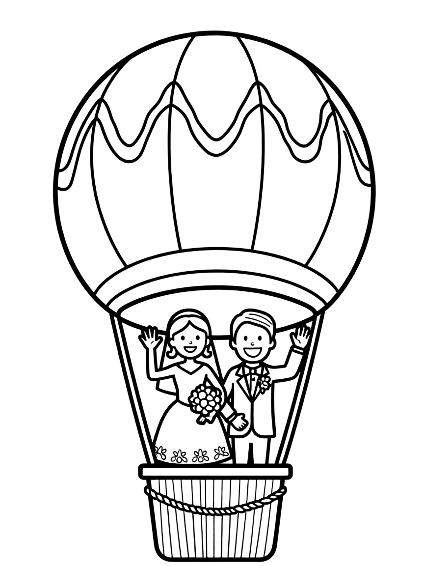 A wedding couple waving goodbye in a hot air balloon