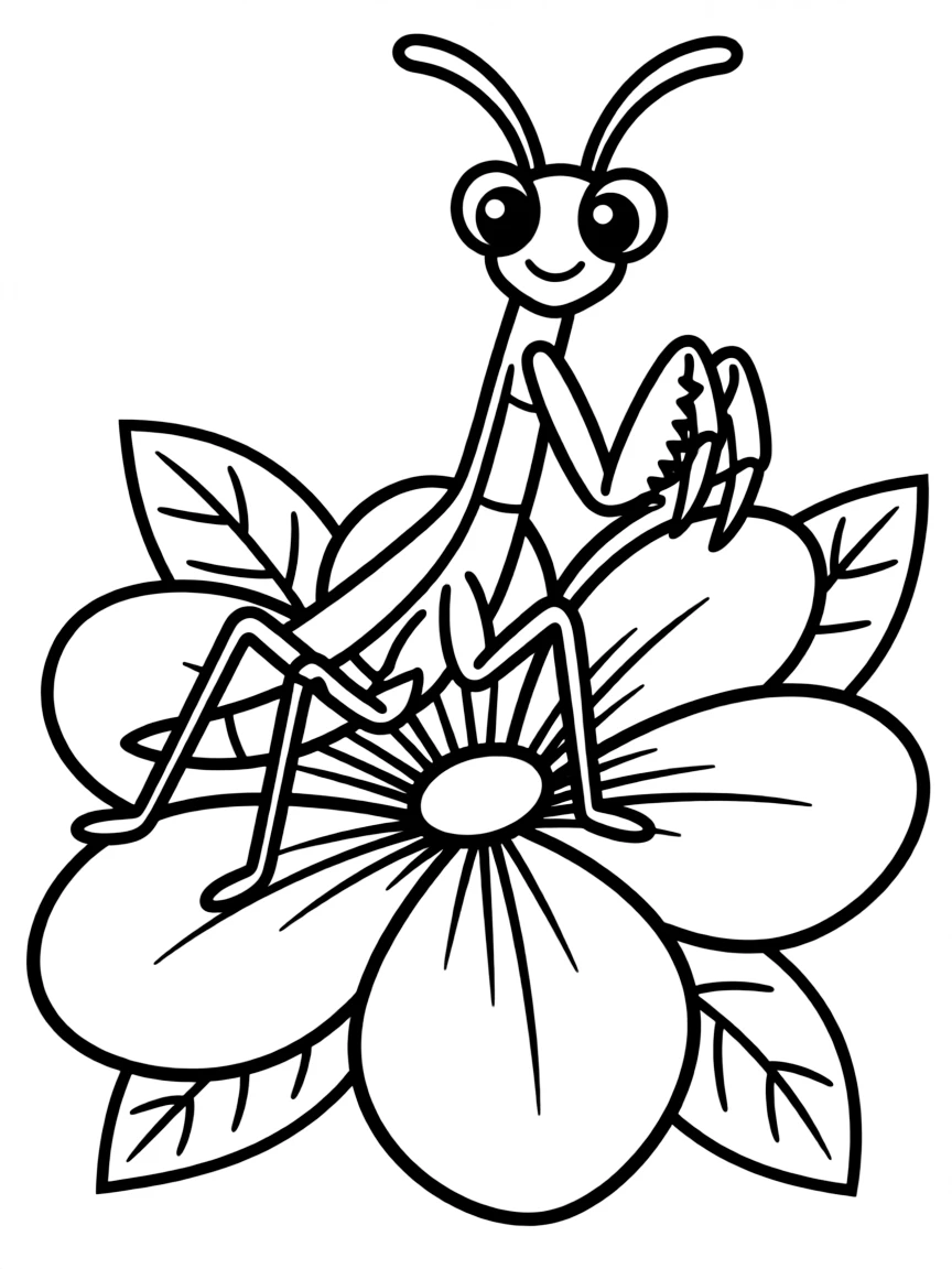 A praying mantis sitting on a flower with large eyes and folded front legs