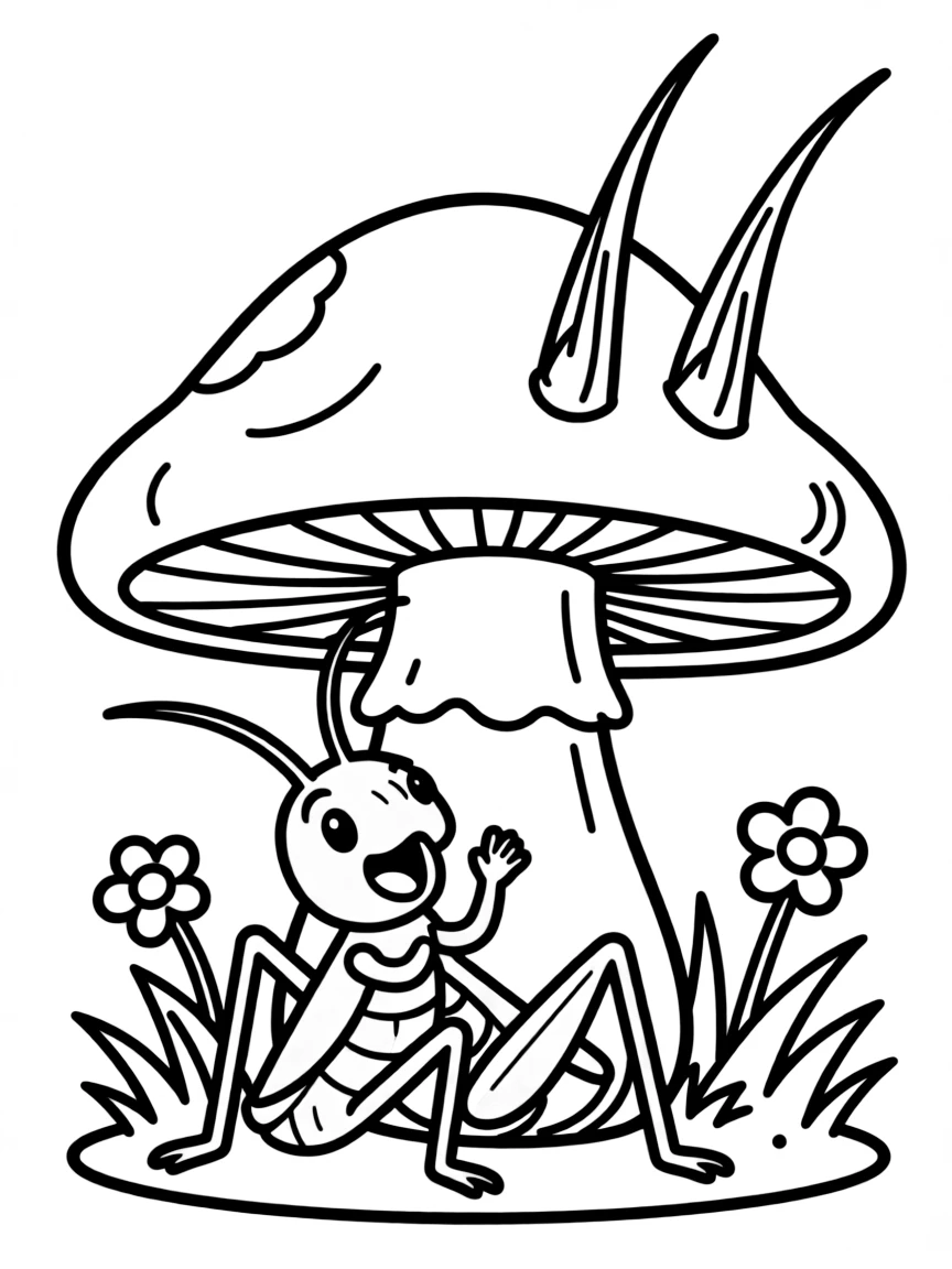 A cricket chirping under a mushroom with prominent antennae