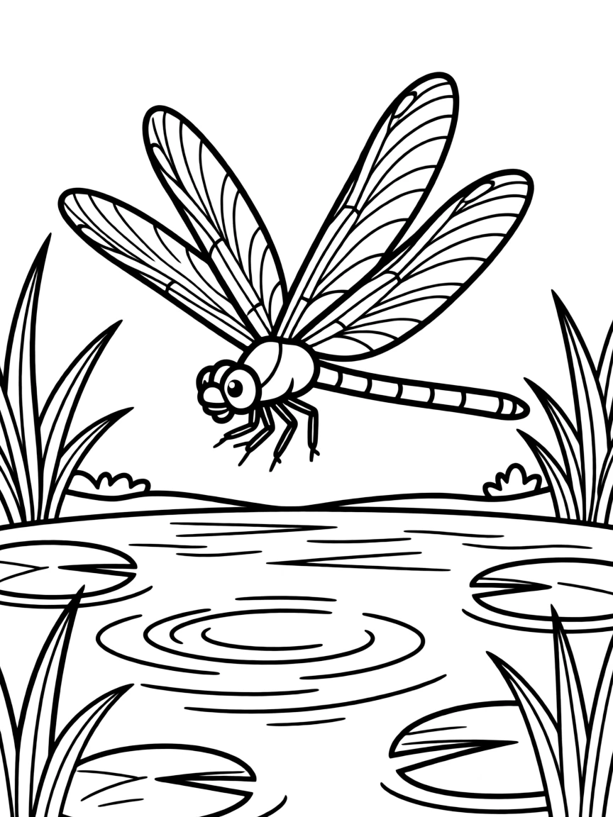 A dragonfly hovering over a pond with transparent wings