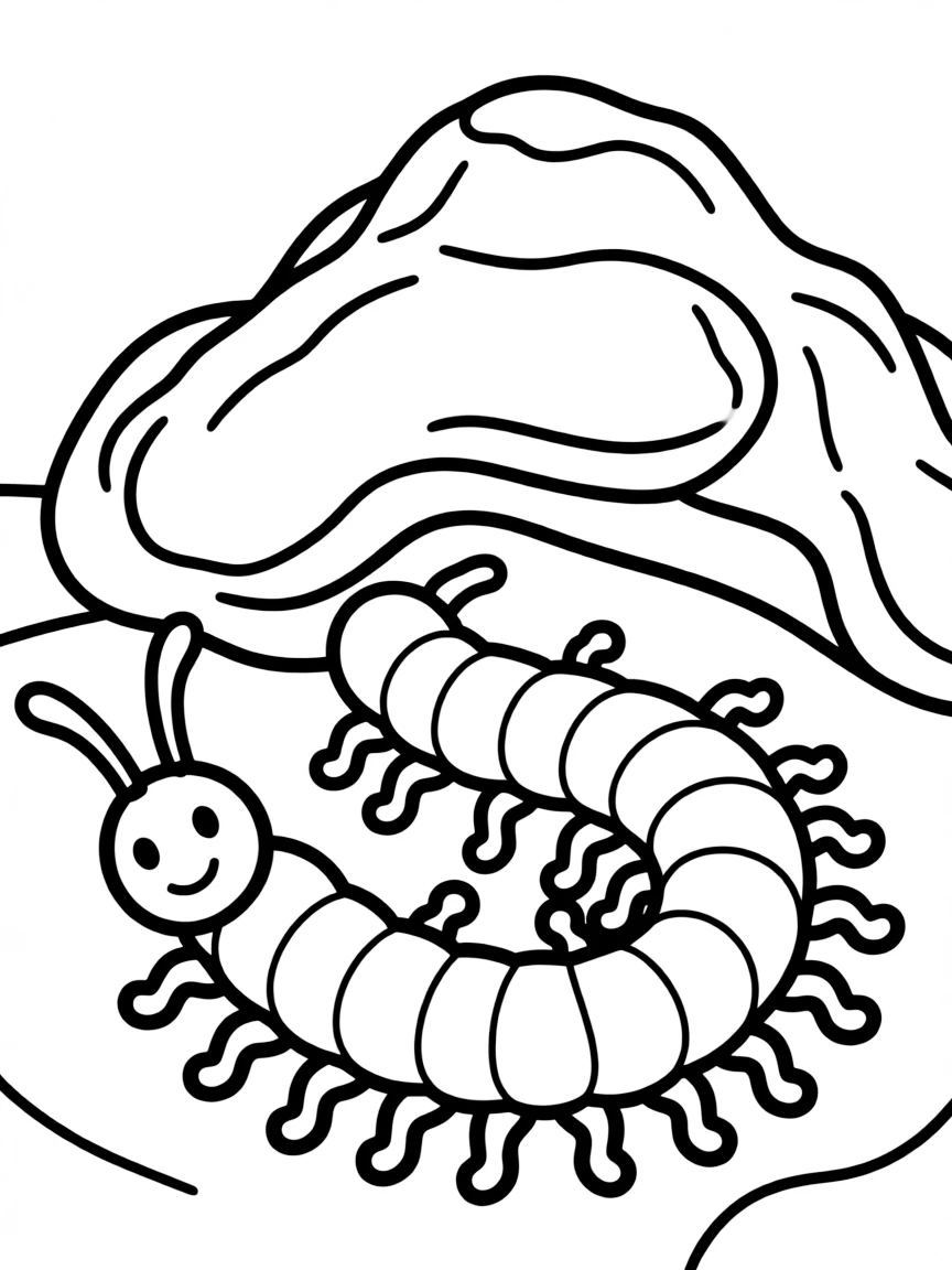 A centipede with many legs crawling under a rock