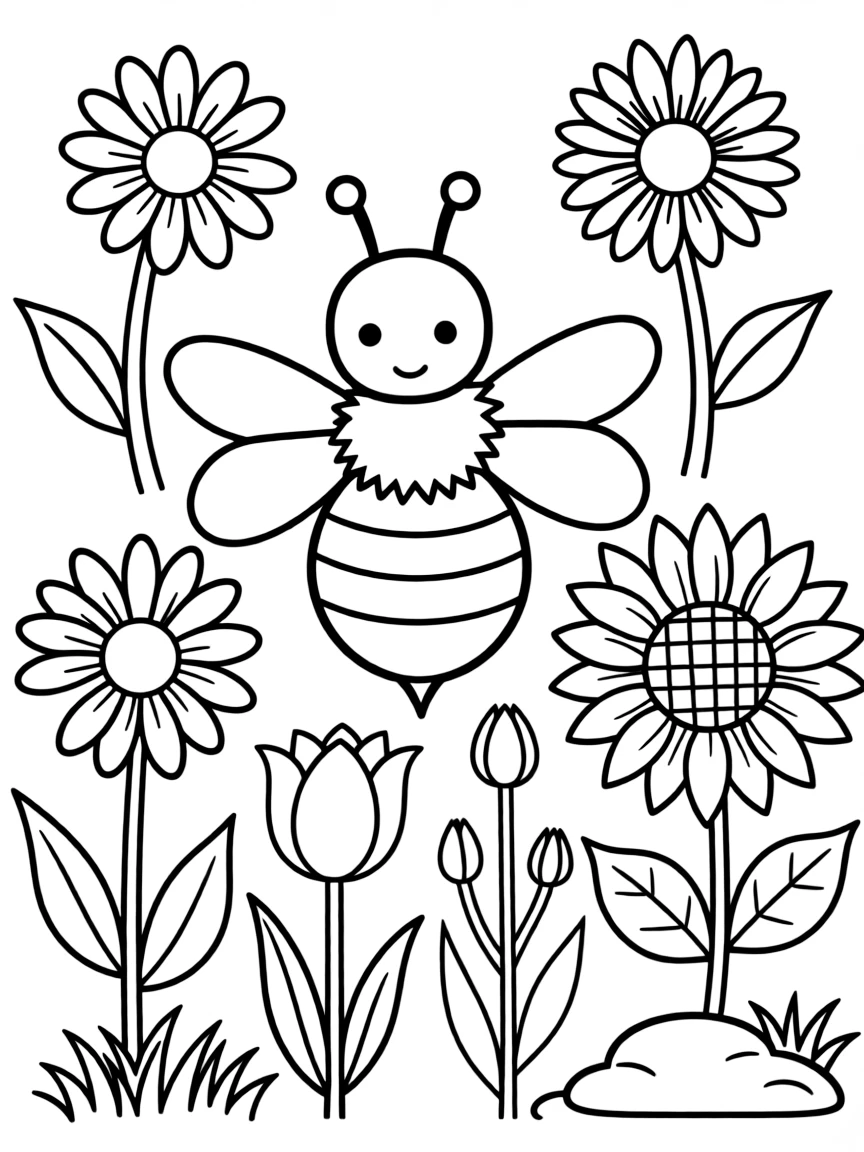 A bumblebee visiting multiple flowers in a garden