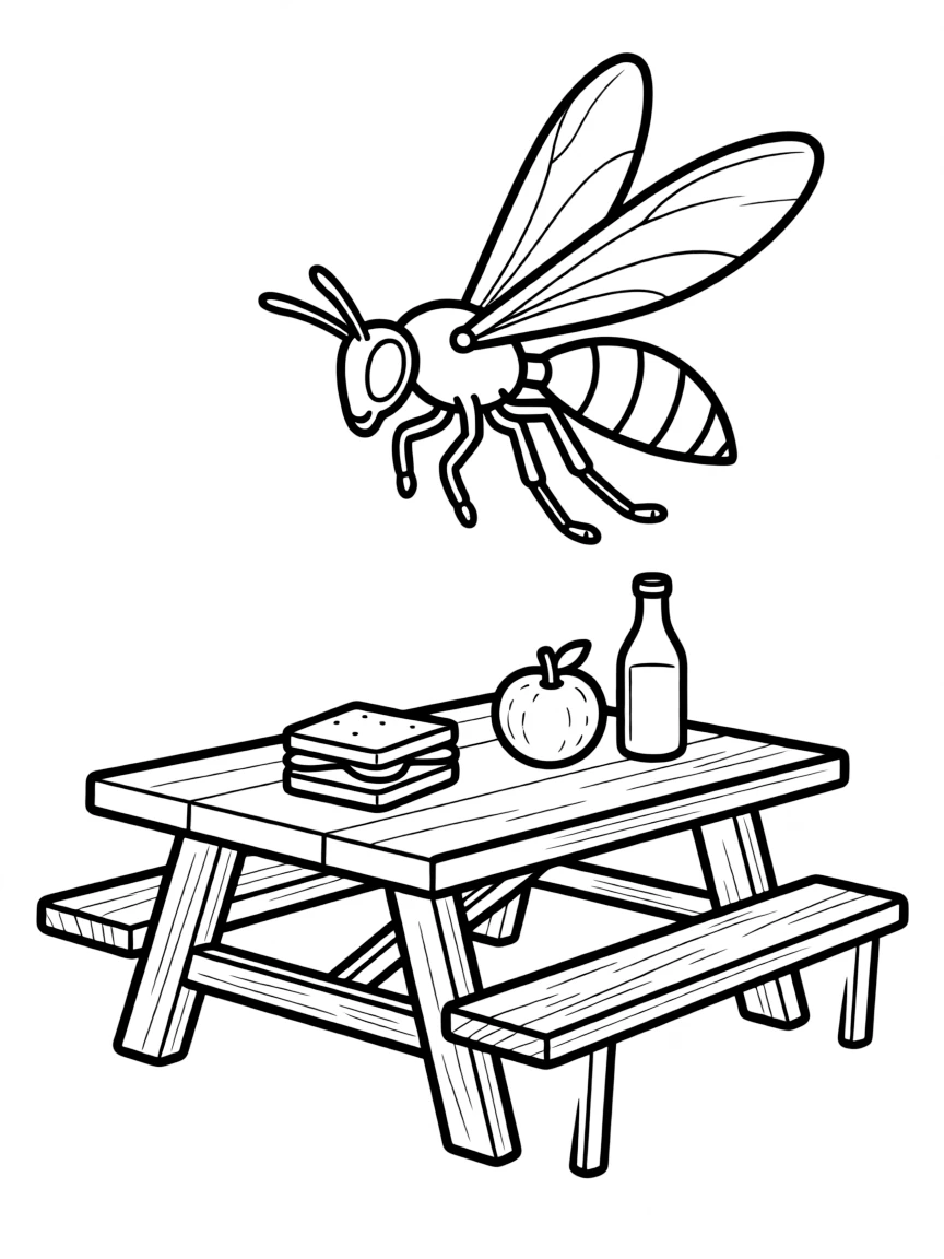 A yellow jacket hovering around a picnic table