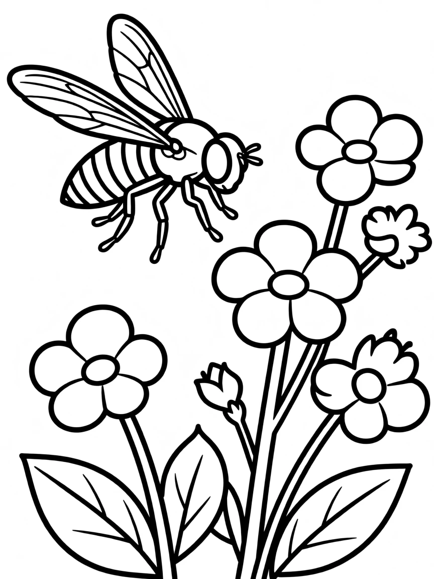 A hover fly mimicking a bee near flowers