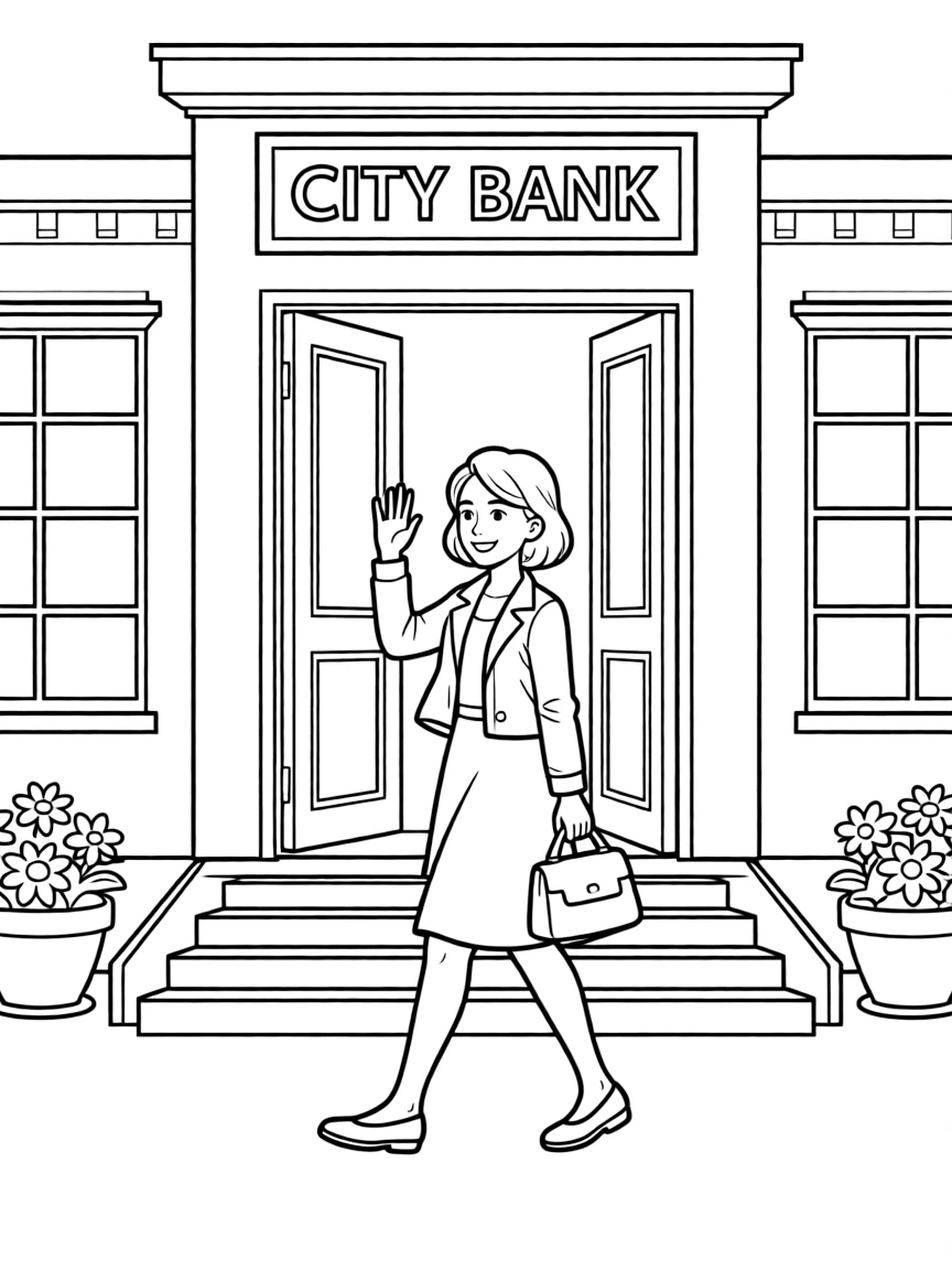 A lady walks out of a bank.