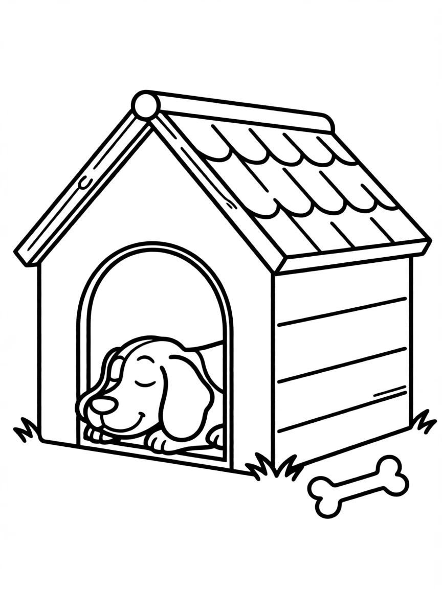 A beagle sleeps in a dog house