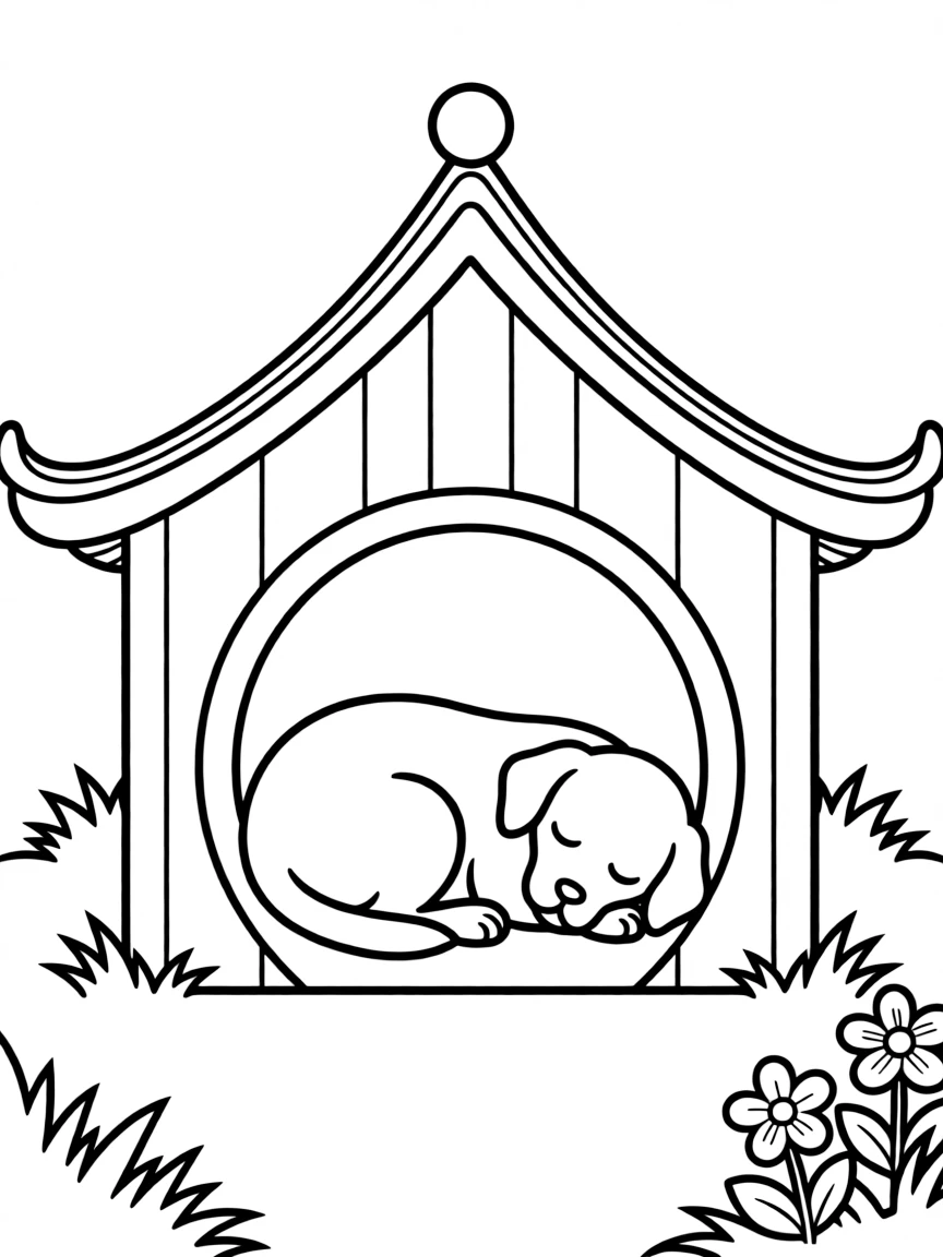 A Chinese Garden Dog, also known as Tugou, sleeps in a dog house.