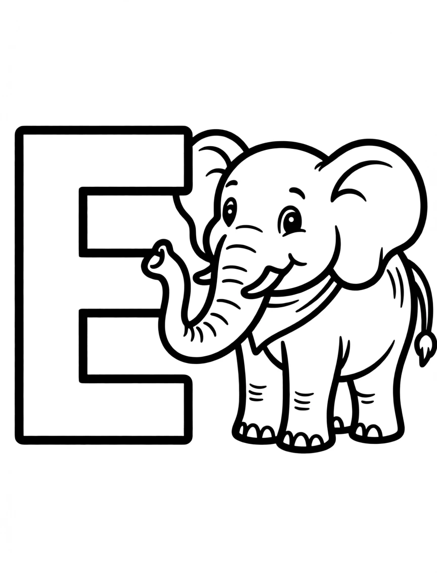 Letter E, next to an elephant