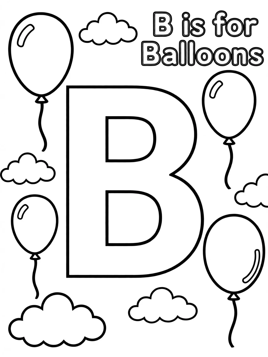 (letter card) B is for Balloons flying in the sky with clouds