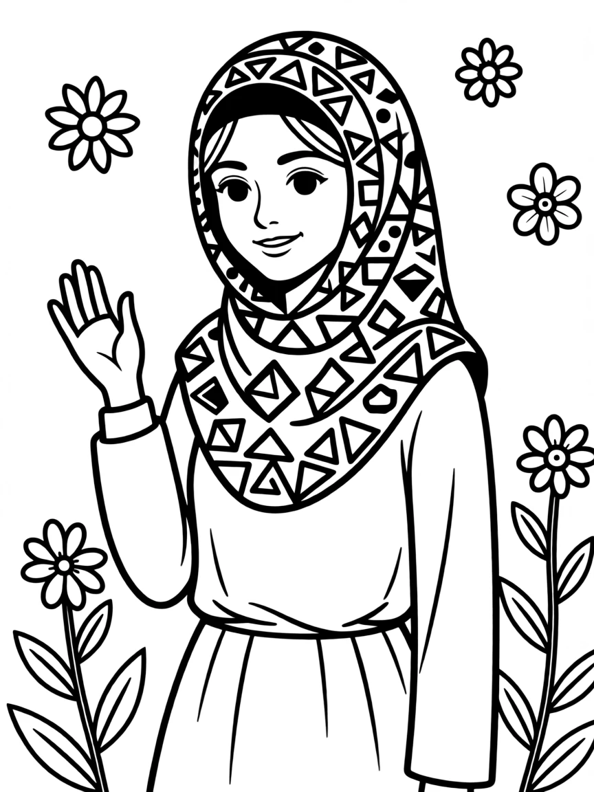 (Arab) A woman in colorful hijab with geometric patterns