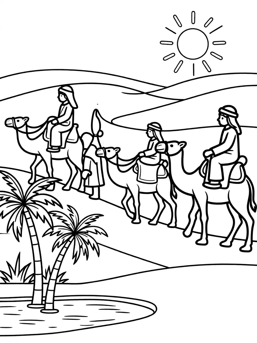 (Arab) A camel caravan crossing sand dunes
