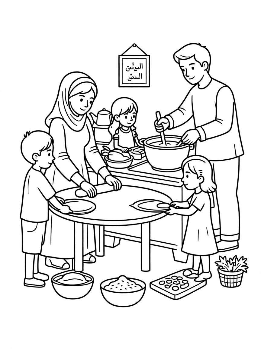(Arab) Arabic family preparing traditional meal