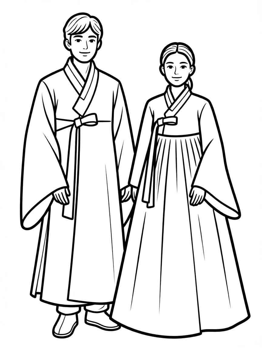 Traditional Korean hanbok clothing - a woman and man in simple, flowing robes with minimal details
