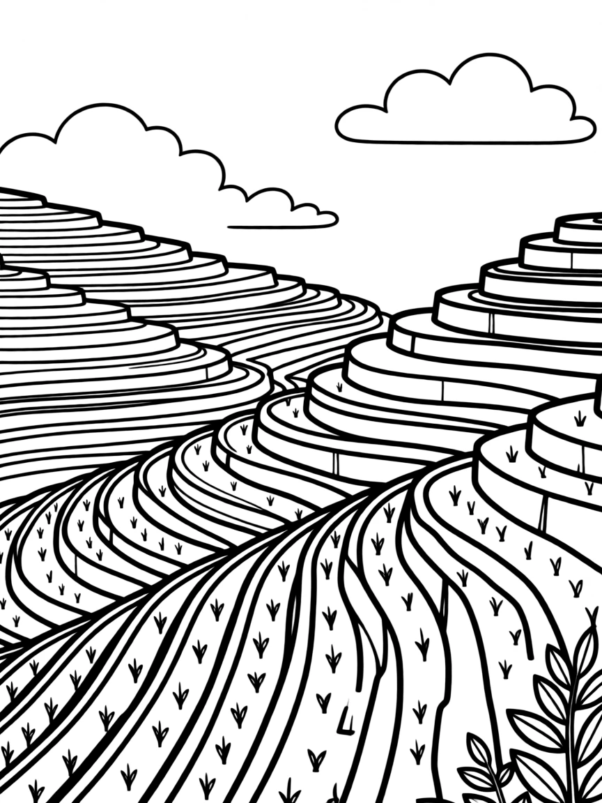 Korean rice terraces on hillsides with simple geometric patterns