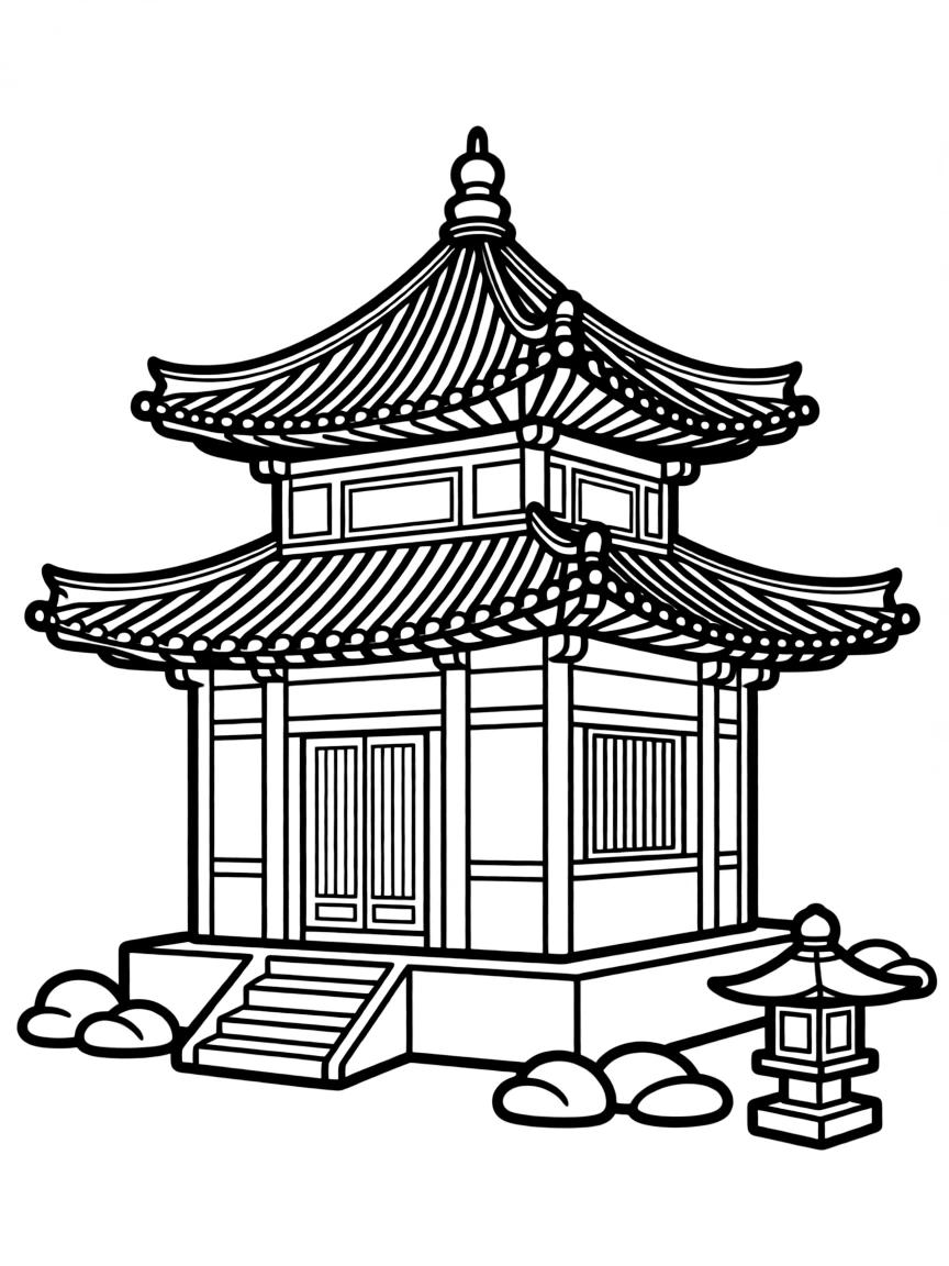 Traditional Korean pagoda or temple with curved rooflines and simple architectural details