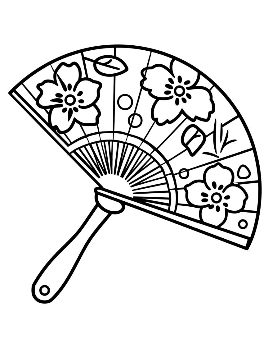 Traditional Korean fan with basic floral or geometric patterns to color