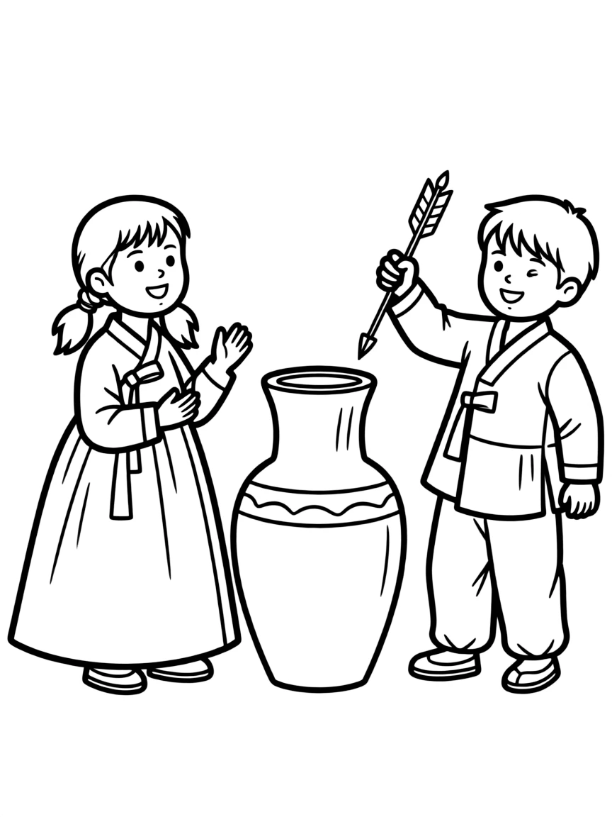 Simple drawing of Korean children playing traditional games like tuho (arrow throwing)