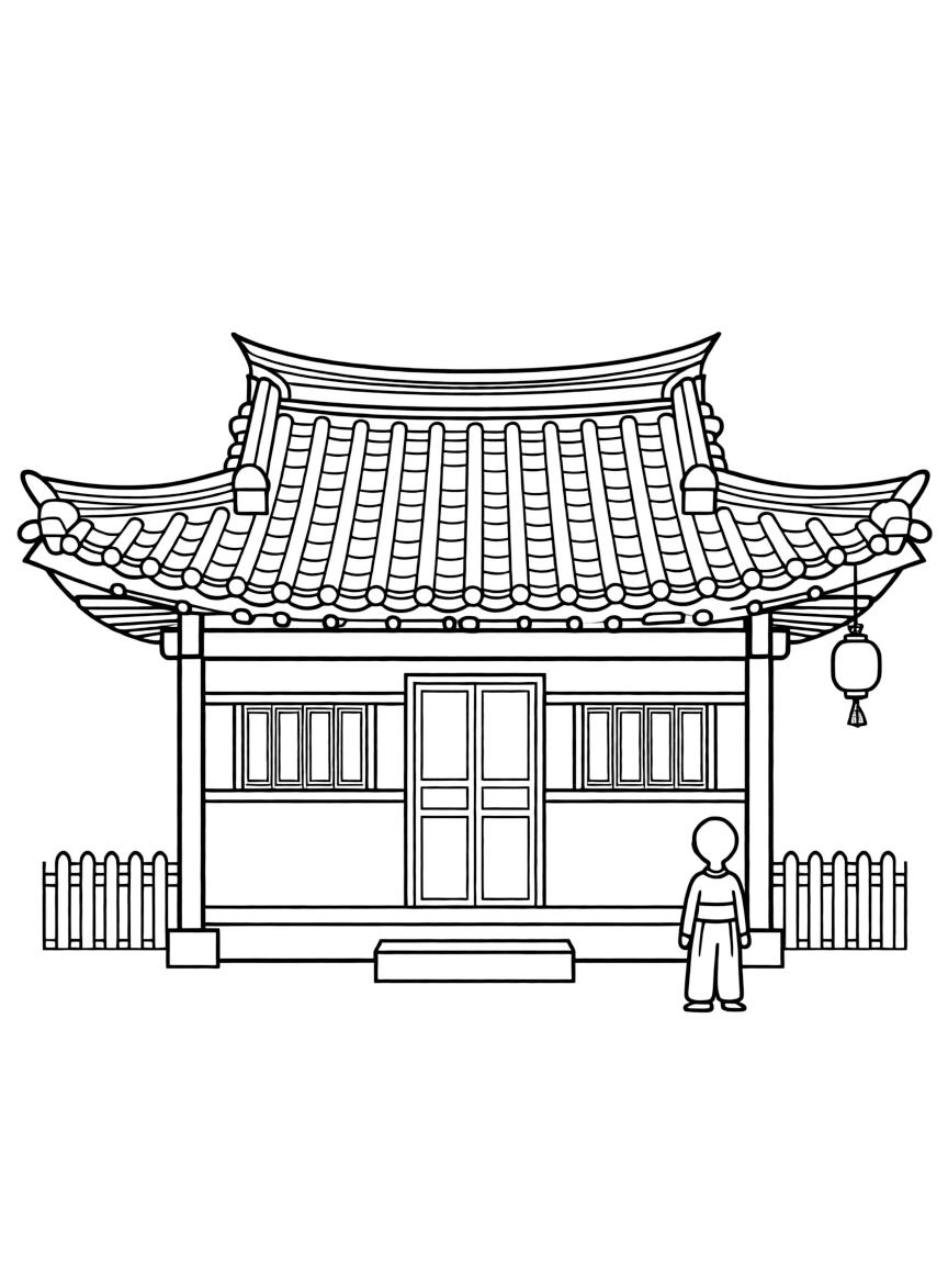 Basic outline of traditional Korean house (hanok) with characteristic curved roof