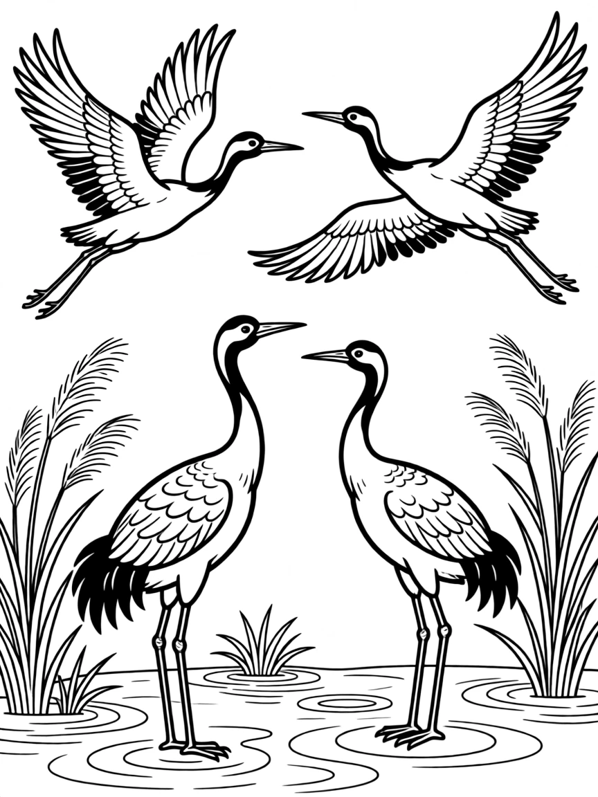 Korean crane birds (symbol of longevity) flying or standing in simple poses