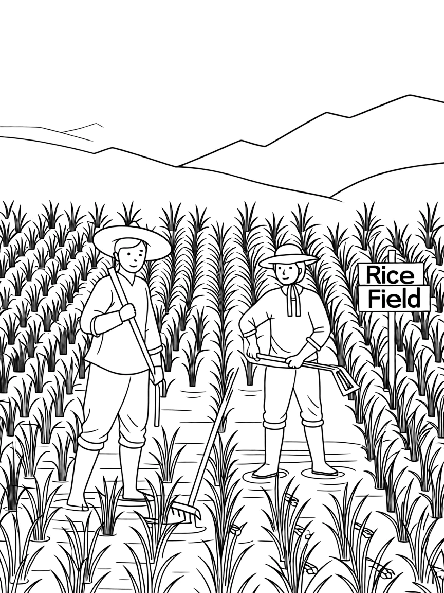 Korean farmers in rice fields with simple farming tools and crops
