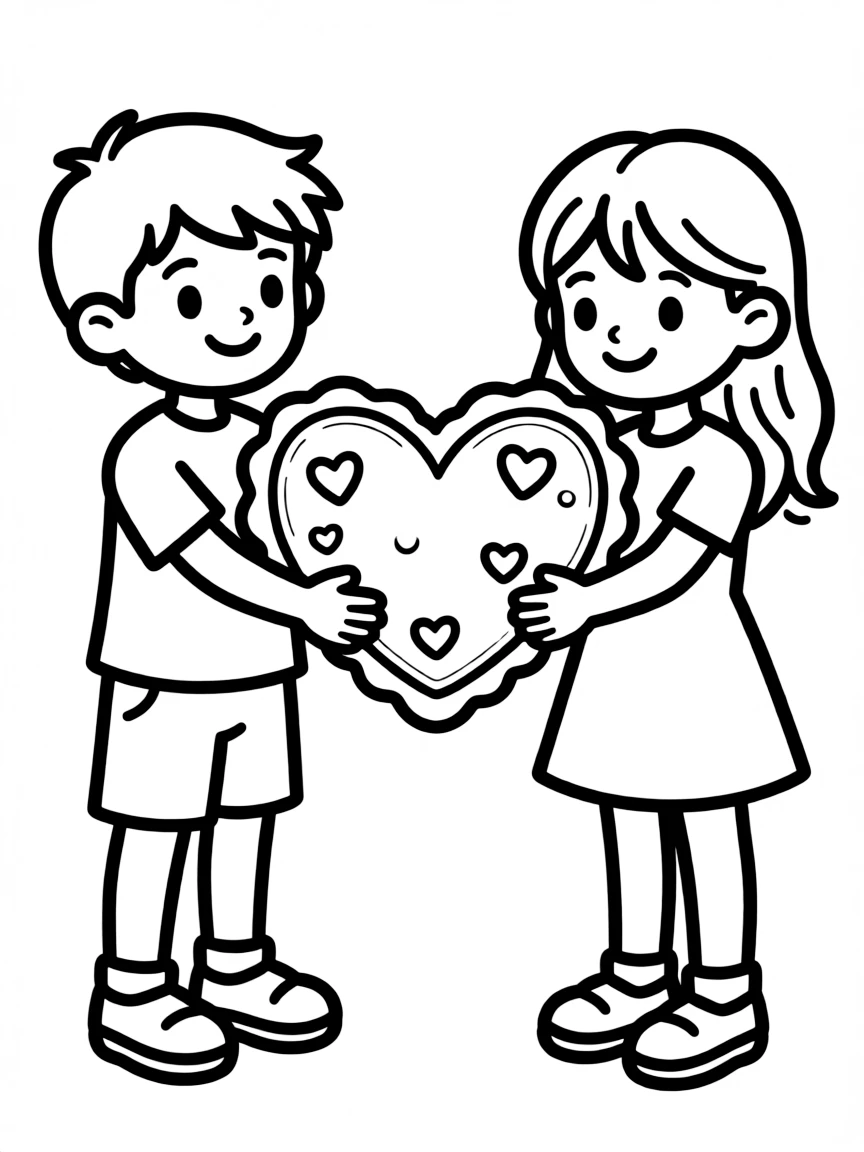 (love) Two children sharing a big heart-shaped cookie with simple smiling faces and basic clothing outlines