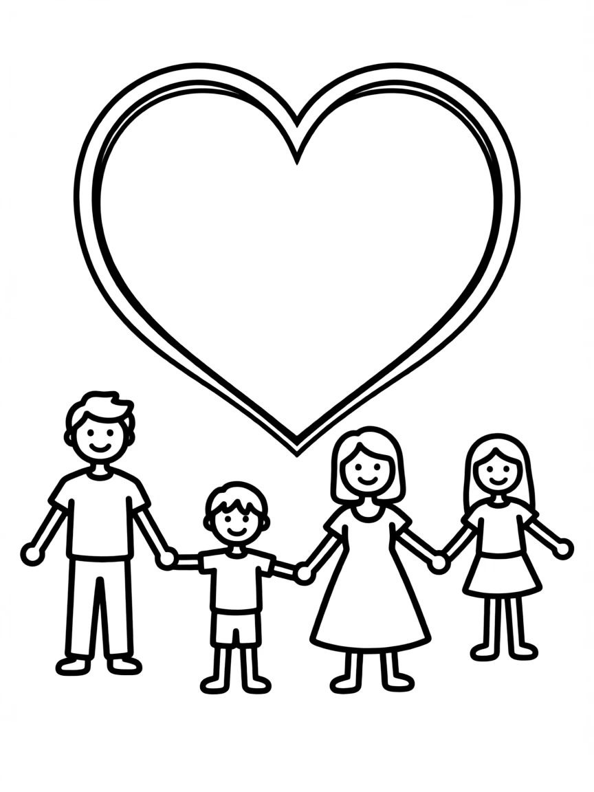 (love) A family of four holding hands in a circle with a large heart floating above them, simple stick-figure style