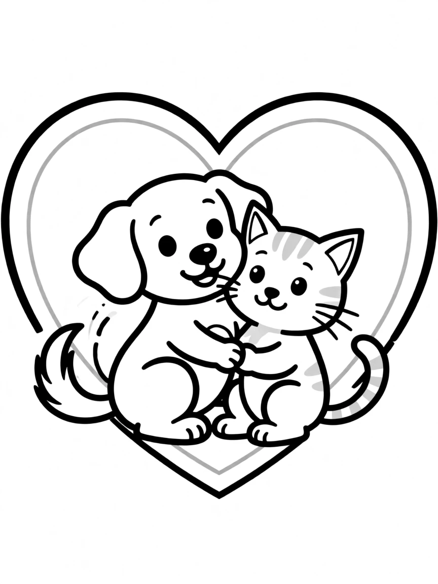 (love) A cute puppy and kitten cuddling together inside a large heart border with basic facial features