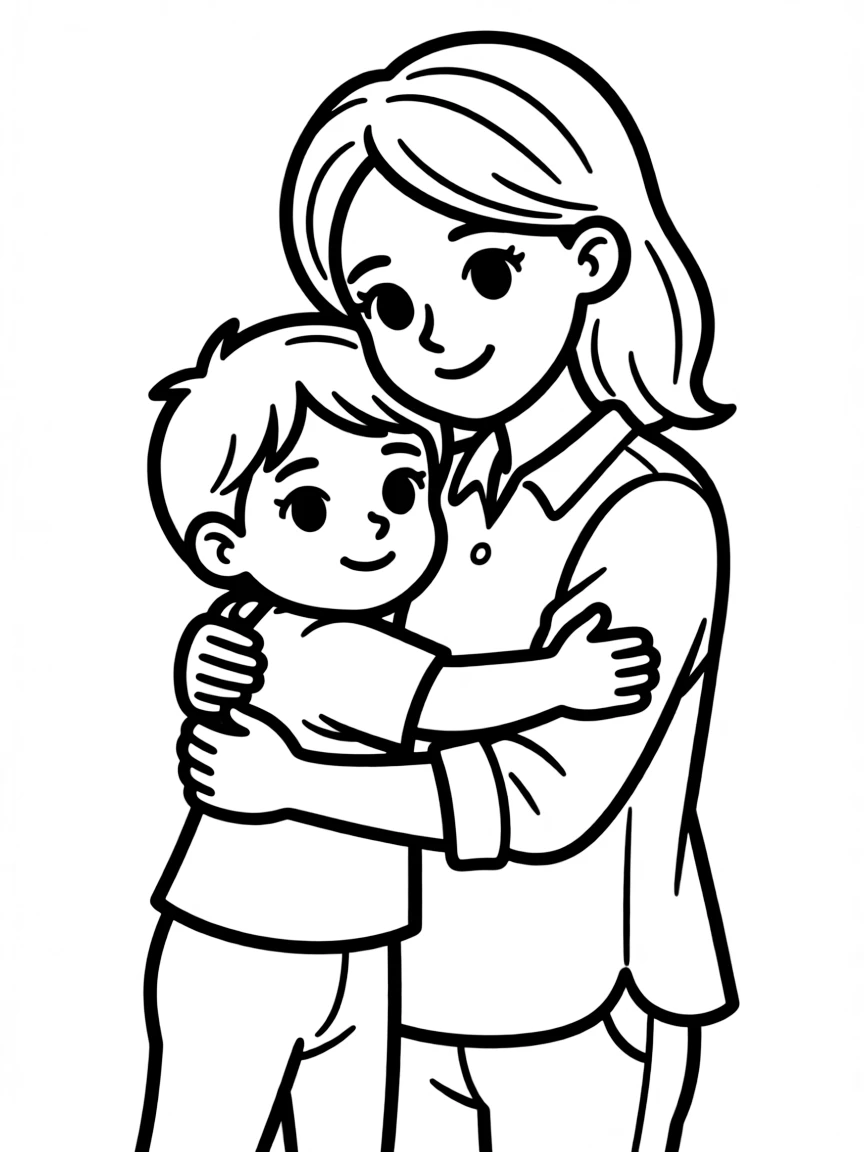 (love) Mom giving a gentle hug to a small child, both with simple rounded faces and easy-to-color clothing