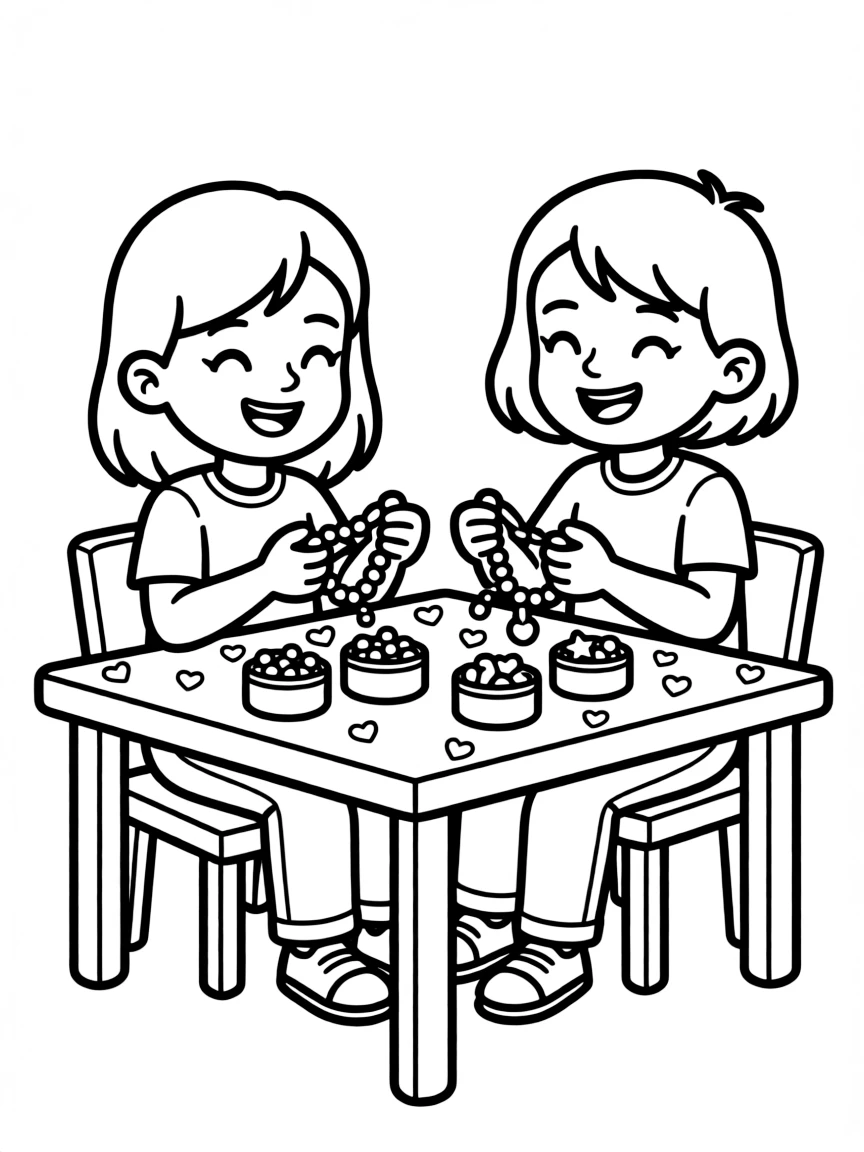 (love) Two best friends making friendship bracelets together at a simple table with heart patterns