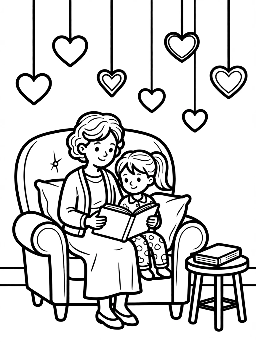 (love) A grandmother reading a bedtime story to a grandchild in a cozy chair with heart decorations on the wall