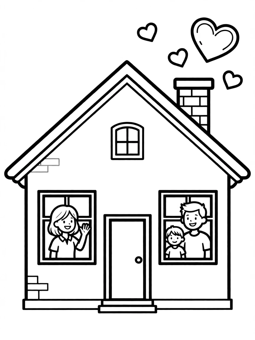 (love) A simple house with a family waving from the windows and hearts floating around the roof