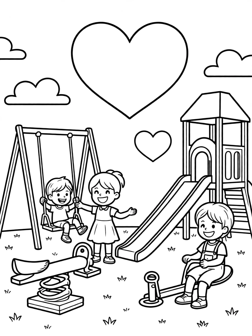 (love) Children of different backgrounds playing together on a playground with heart-shaped clouds above