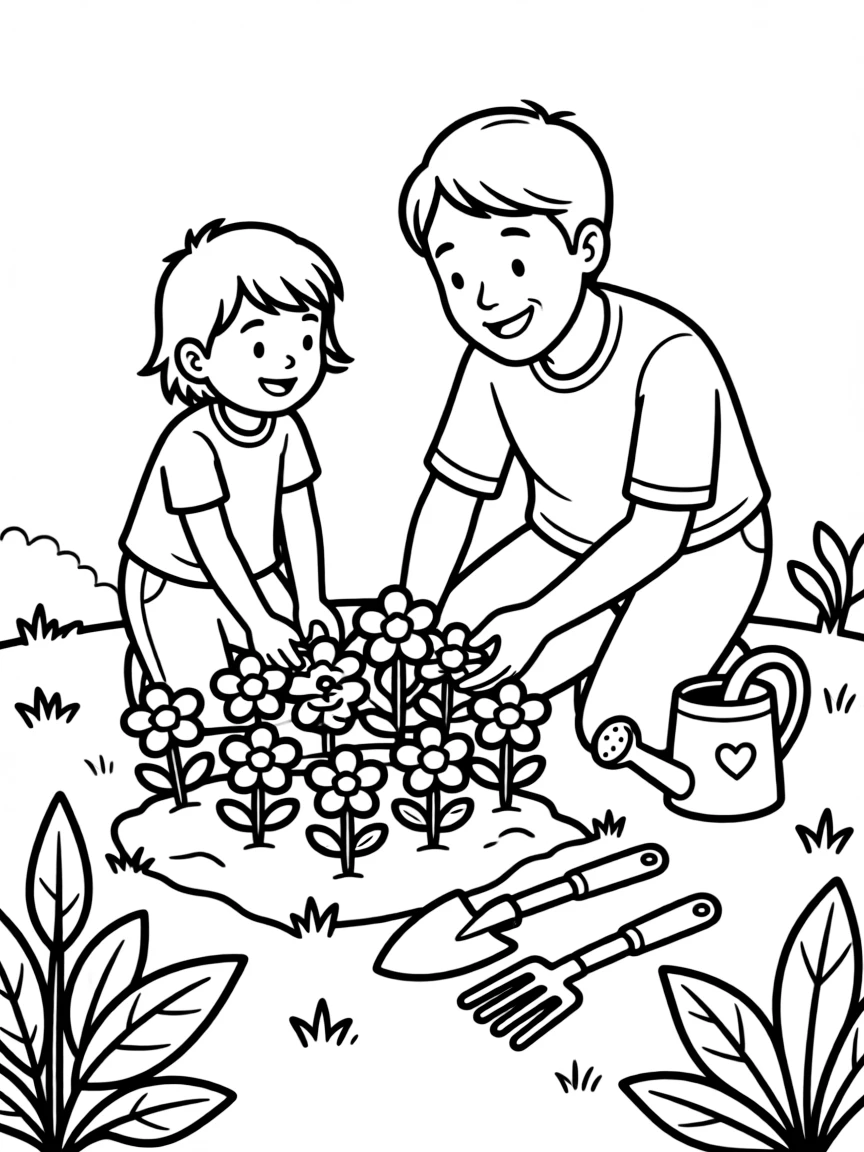 (love) A parent and child planting flowers together in a garden with heart-shaped flower petals
