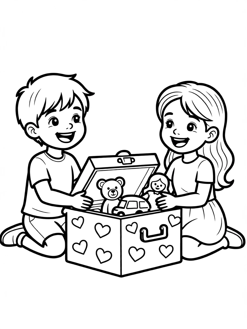 (love) Two siblings sharing their favorite toys with big smiles and a heart-decorated toy box