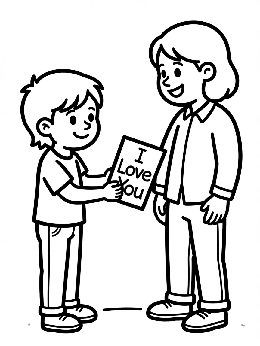 (love) A child giving a handmade card with "I Love You" to their parent, both with simple happy expressions
