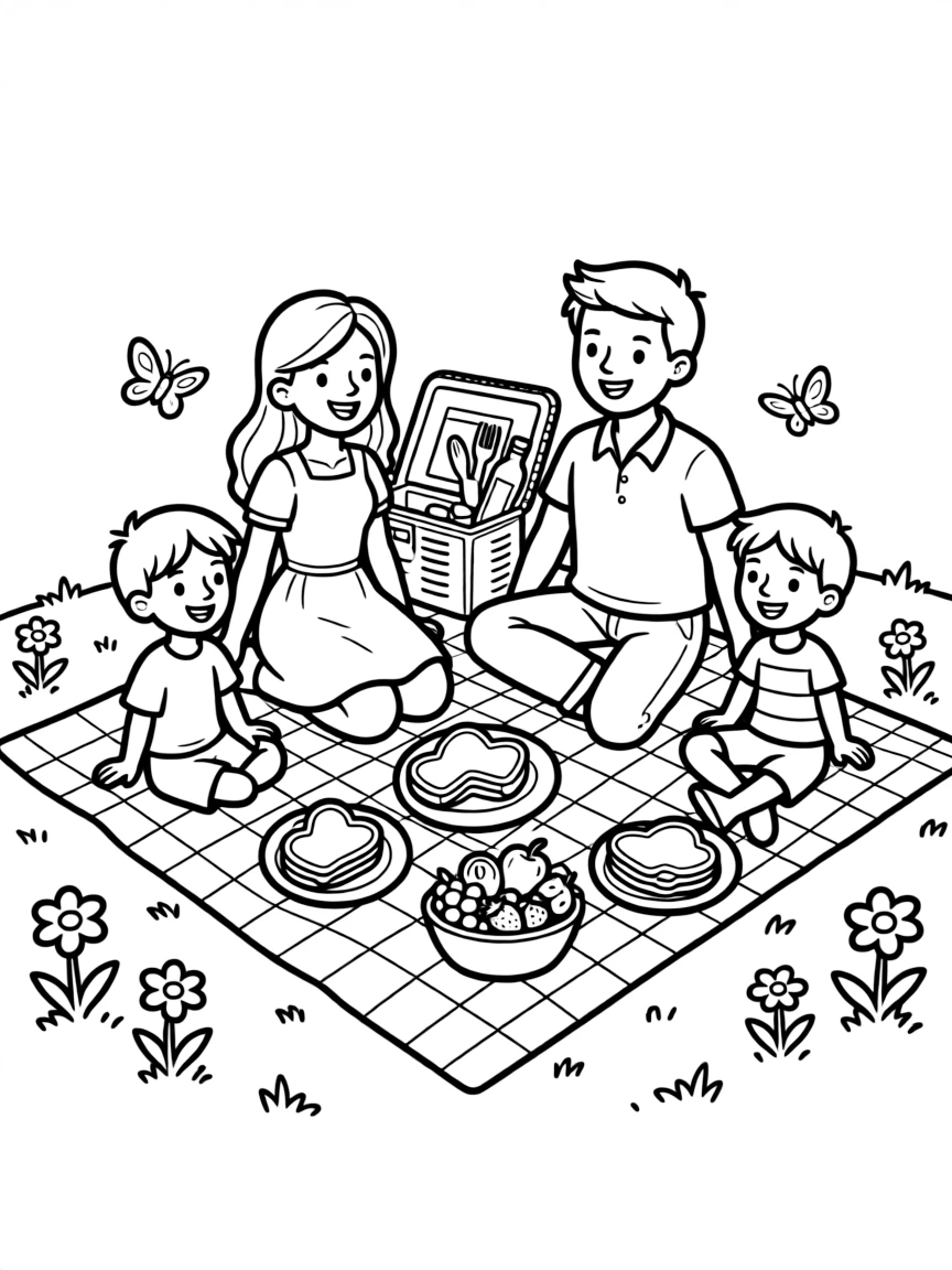(love) A picnic scene with a family sitting on a blanket surrounded by heart-shaped sandwiches and fruits