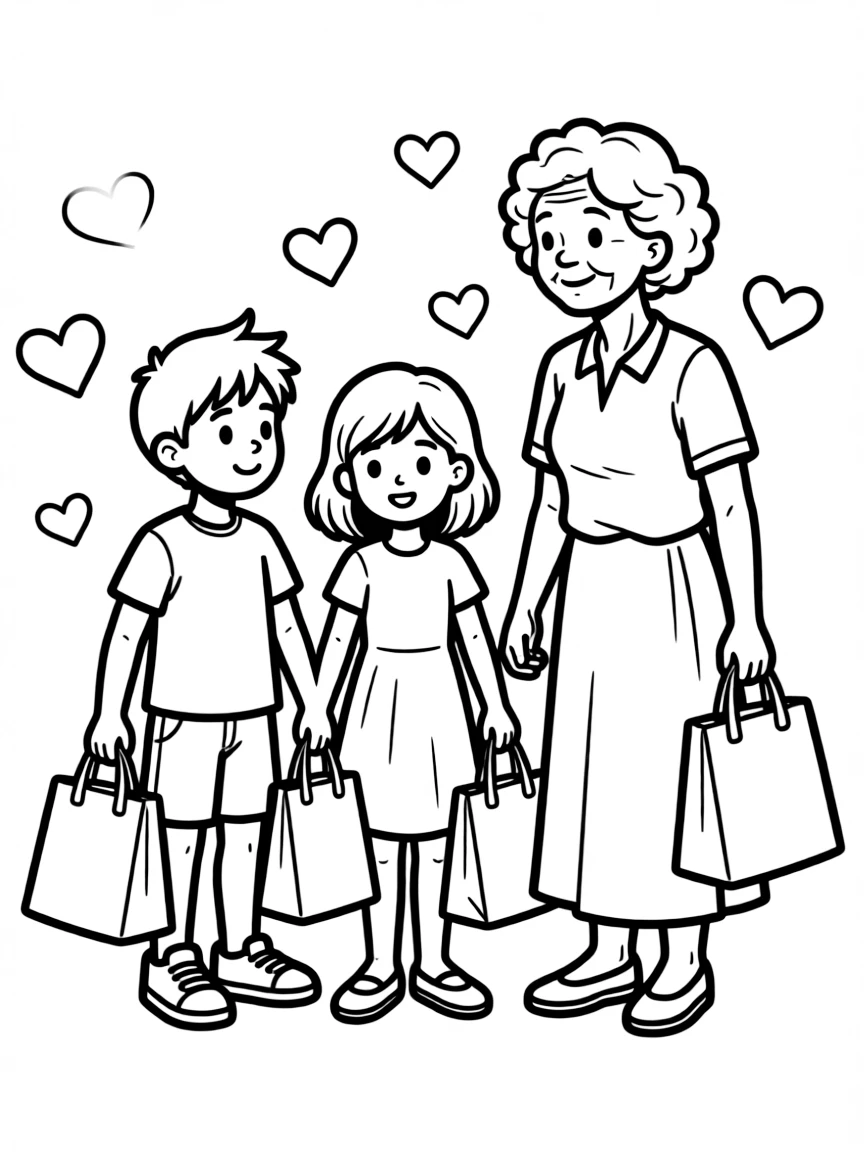 (love) Children helping an elderly neighbor carry groceries with hearts showing their kindness