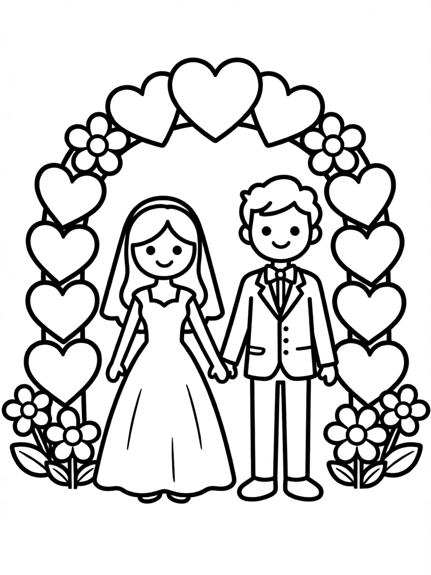 (love) A simple wedding scene with bride and groom stick figures under an arch of hearts and flowers