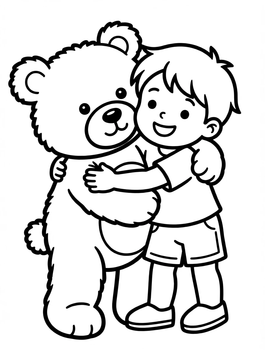 (love) A child hugging a large teddy bear with both having sweet, simple facial expressions