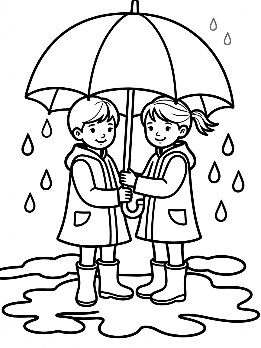 (love) Two children sharing an umbrella in the rain with puddles shaped like hearts around them