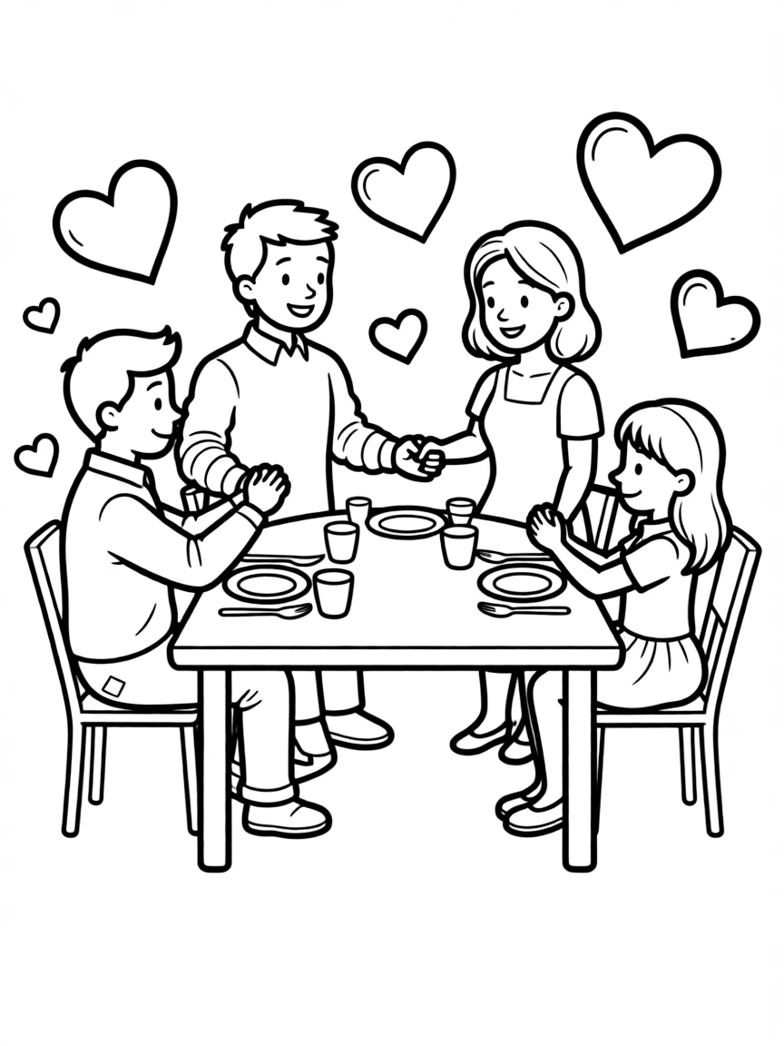 (love) A family dinner table with everyone holding hands for grace, surrounded by simple heart decorations