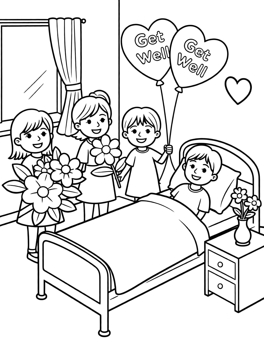 (love) Children visiting and bringing flowers to someone in a hospital bed with get-well heart balloons