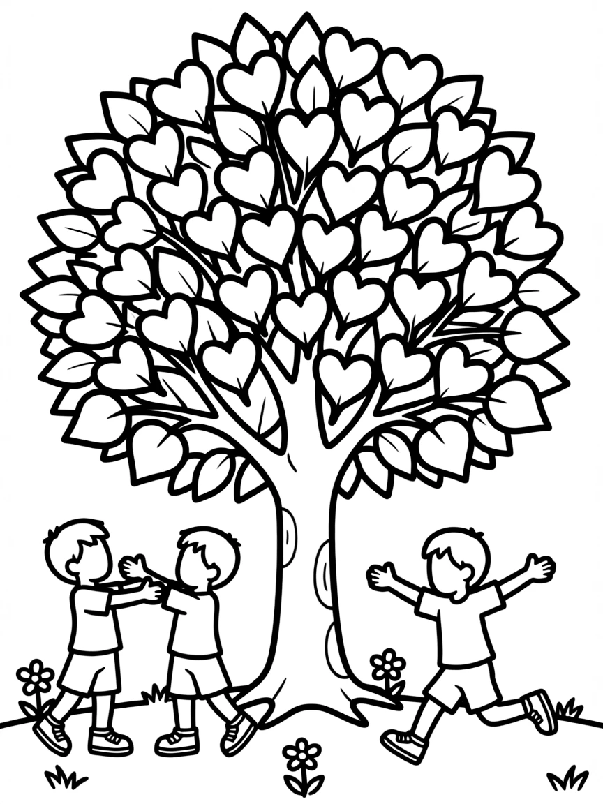 (love) A simple tree with heart-shaped leaves and children playing underneath with their arms outstretched