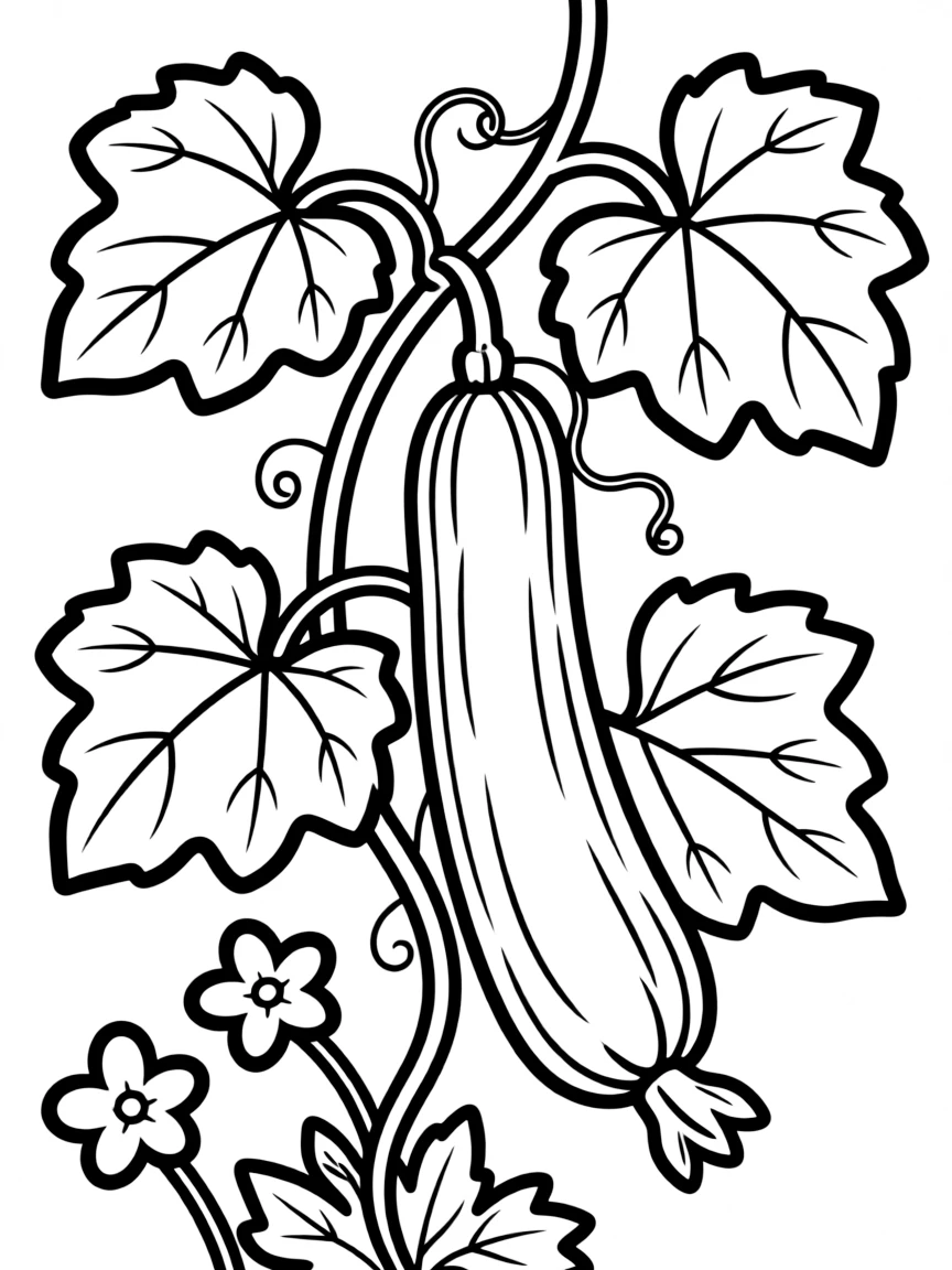 A zucchini growing on a vine with big green leaves