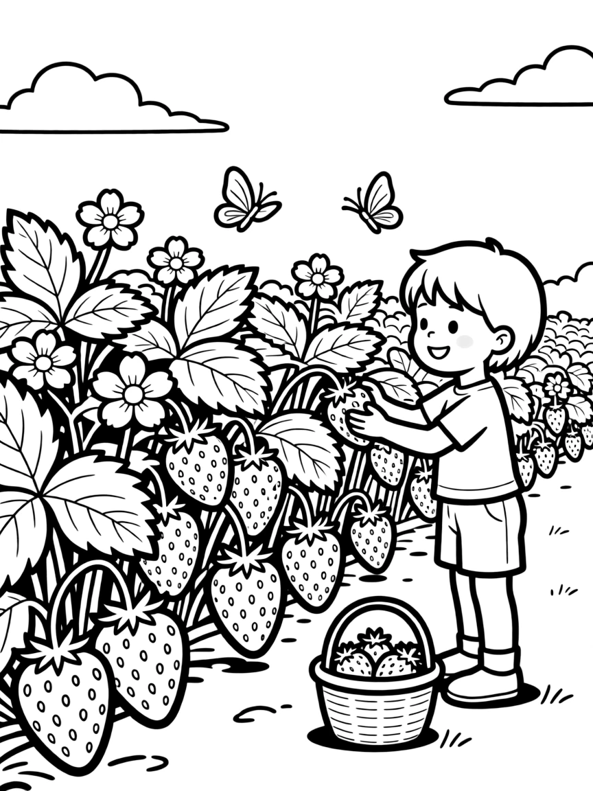 A strawberry patch with ripe red strawberries and green leaves