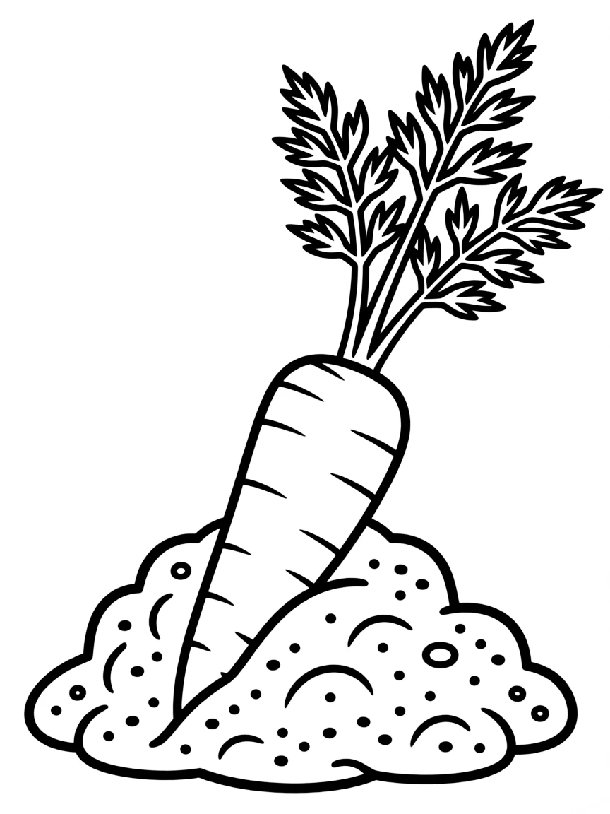 A carrot growing in the soil with its green top showing