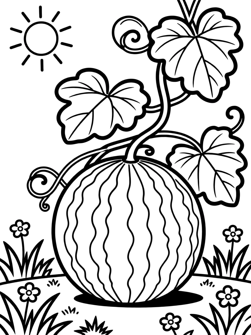 A watermelon growing on a vine in a sunny garden