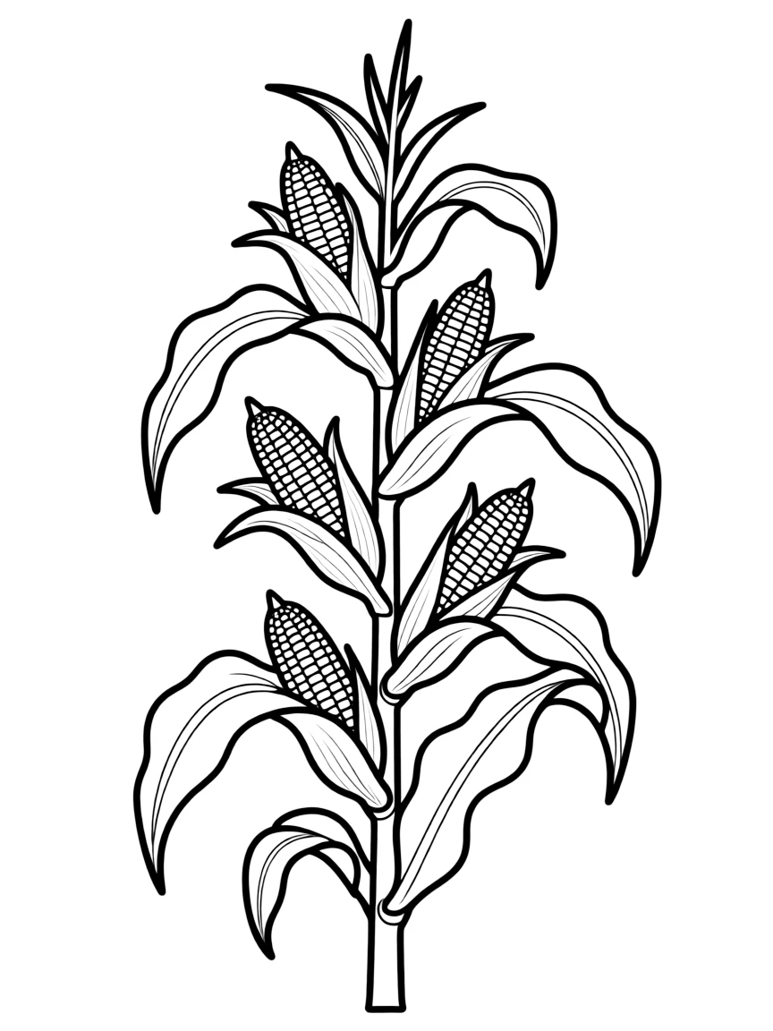 A corn stalk with big green leaves and yellow corn cobs